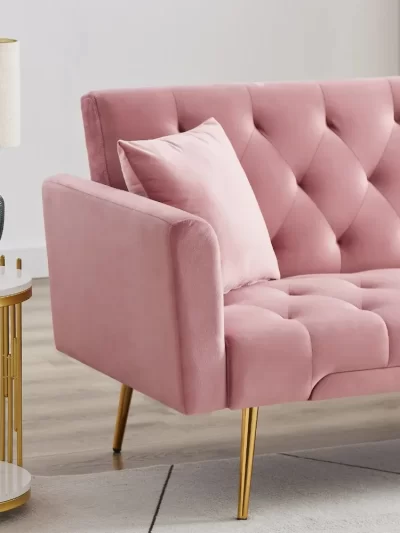 71 Inches Velvet Futon Sofa Bed with 2 Pillows, Modern Convertible Futon Couch with 3 Adjustable Backrest Angles