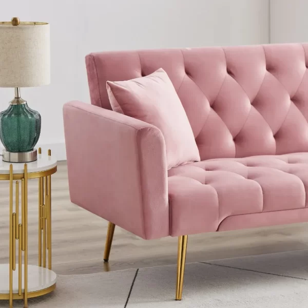 71 Inches Velvet Futon Sofa Bed with 2 Pillows, Modern Convertible Futon Couch with 3 Adjustable Backrest Angles