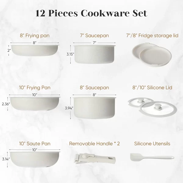12pcs Non-Stick Cookware Set, Pots and Pans Set with Detachable Handle for Kitchen - Image 2
