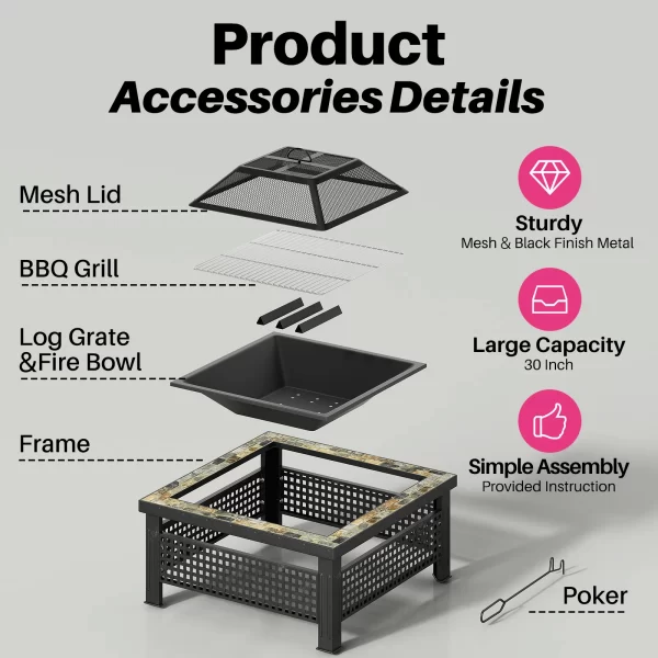 30 Inch Fire Pit, Square Outdoor Fireplace Table w/ Mesh Lid & Fire Poker, 3-in-1 Multipurpose Firepits for Yard, Garden, Patio - Image 6