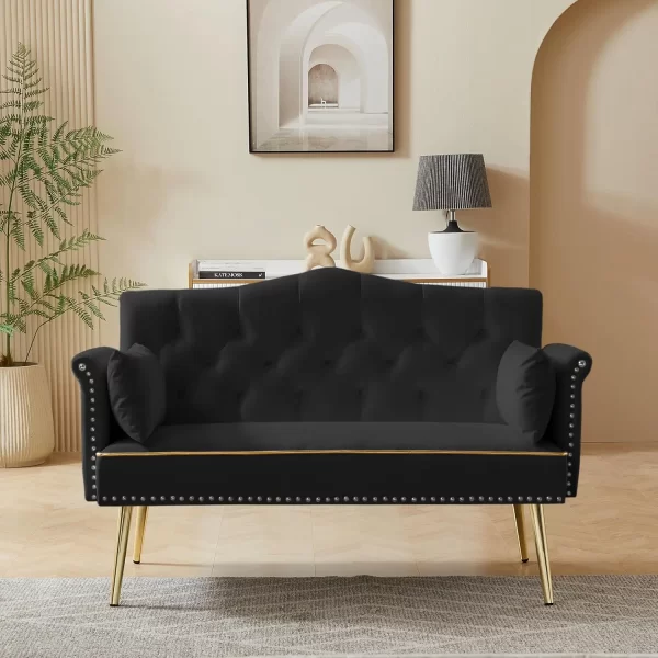 Modern Velvet Loveseat Sofa with Gold Metal Legs & Side Pockets, Tufted Backrest - Image 5