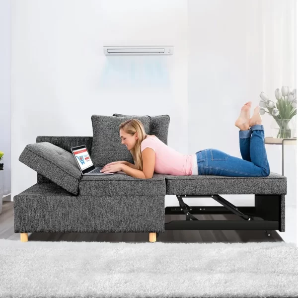 Sofa Bed 4-in-1 Convertible Sofas & Couches, 3-Seat Linen Fabric loveseat Sofa with 2 Throw Pillow