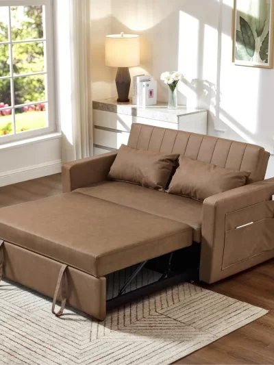 55'' Leather Sofa Bed, Pull Out Sleeper Sofa Couch Bed, Loveseat Sleeper, Futon Sofa Couch with Side Pocket, Convertible Sofa Bed