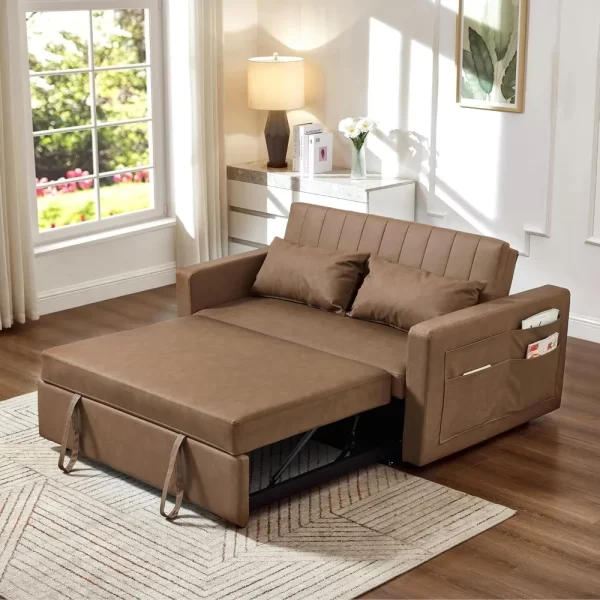 55'' Leather Sofa Bed, Pull Out Sleeper Sofa Couch Bed, Loveseat Sleeper, Futon Sofa Couch with Side Pocket, Convertible Sofa Bed