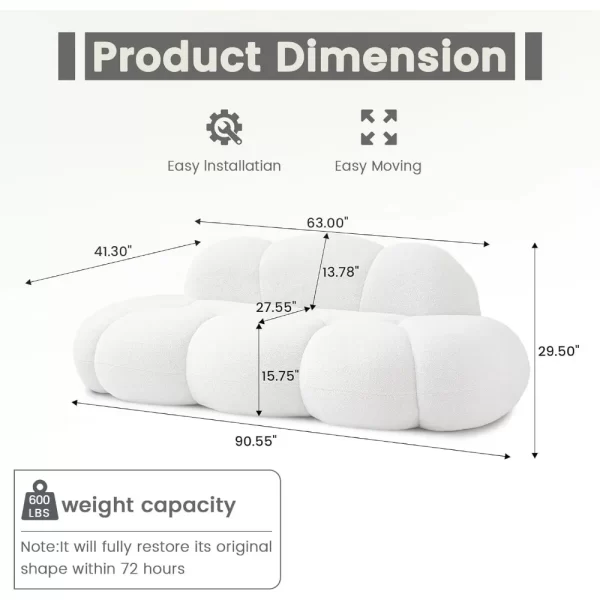 90" Modern Curved Cloud Shaped Couch for Living Room, Lazy Floor Couch, Boucle Love Seat 3 Seater Sofa, Cozy Leisure Boneless - Image 2