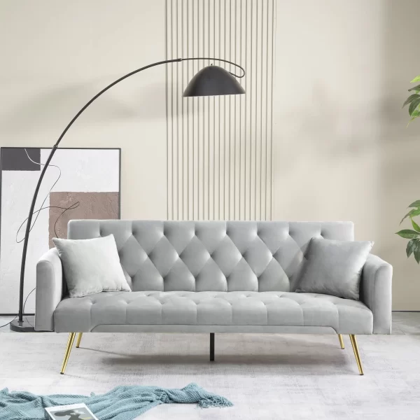 71 Inches Velvet Futon Sofa Bed with 2 Pillows, Modern Convertible Futon Couch with 3 Adjustable Backrest Angles - Image 8