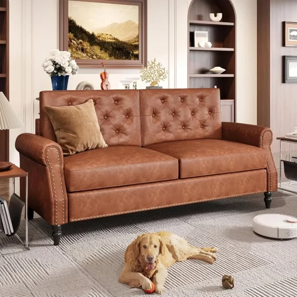 Brown Couch, 73-inch Sofa, Faux Leather Couches with Wooden Legs - Image 2