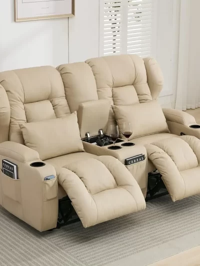 65.5" RV Loveseat Recliner Double Recliner RV Sofa & Console | RV Couch | RV Furniture, Home Theater Seating… (Beige)