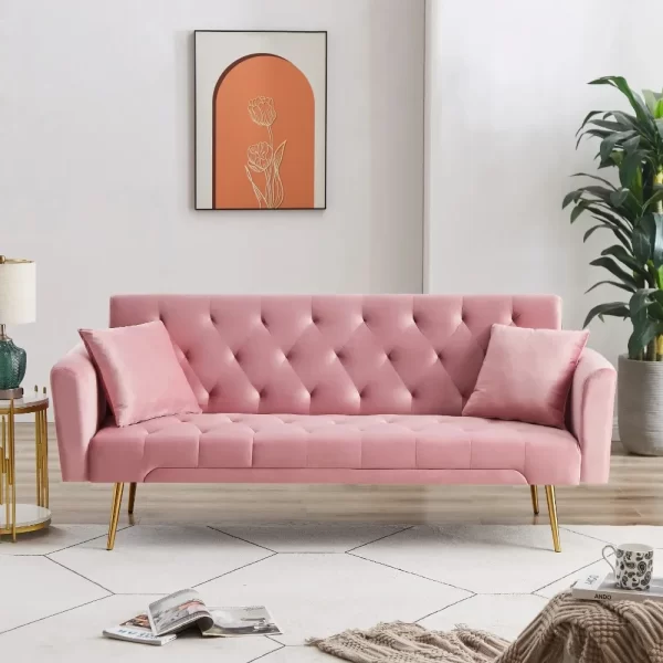 71 Inches Velvet Futon Sofa Bed with 2 Pillows, Modern Convertible Futon Couch with 3 Adjustable Backrest Angles - Image 2