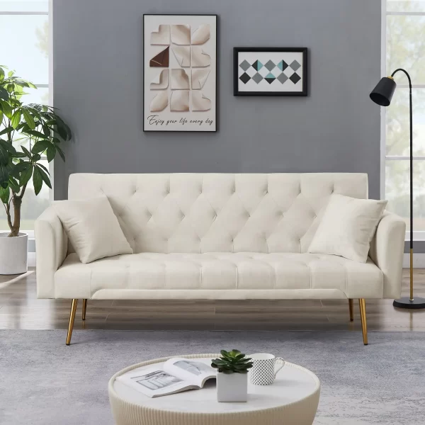 71 Inches Velvet Futon Sofa Bed with 2 Pillows, Modern Convertible Futon Couch with 3 Adjustable Backrest Angles - Image 7