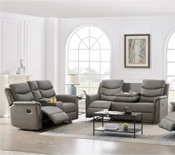 Sofa Set with 2 Recliners, 3-Seater Leather Adjustable Loveseat Couch W/ 2 Cup-Holders & Console - Image 9