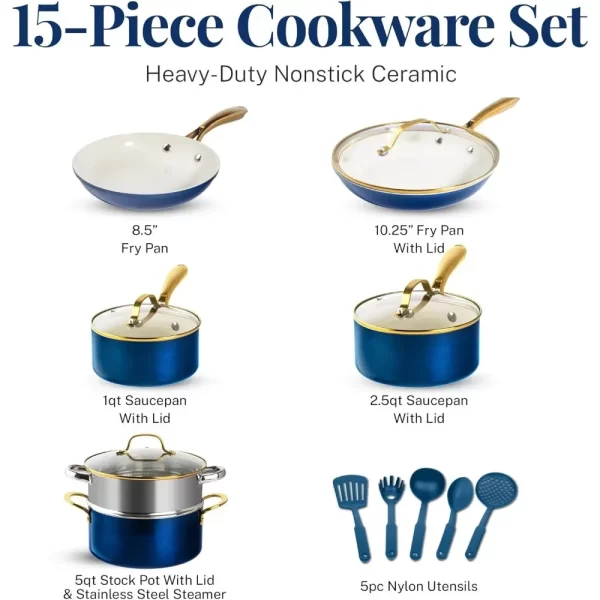 Gotham Steel 15 Pc Ceramic Cookware Set Nonstick, Ceramic Pots and Pans Set Non Stick with Steamer & Cooking Utensils, Non Toxic
