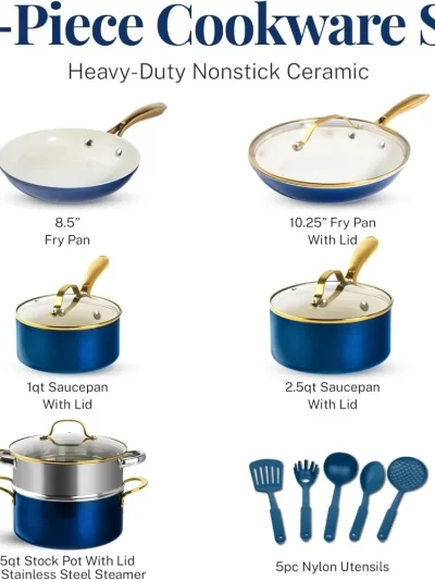 Gotham Steel 15 Pc Ceramic Cookware Set Nonstick, Ceramic Pots and Pans Set Non Stick with Steamer & Cooking Utensils, Non Toxic