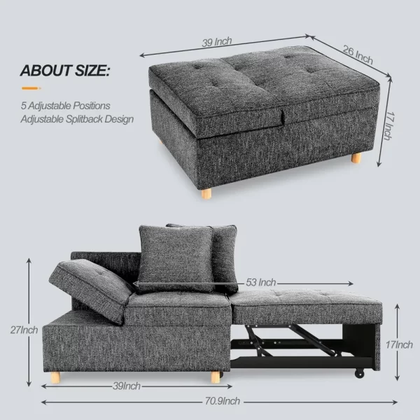Sofa Bed 4-in-1 Convertible Sofas & Couches, 3-Seat Linen Fabric loveseat Sofa with 2 Throw Pillow - Image 2
