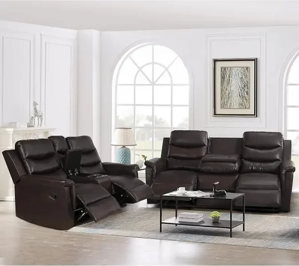Sofa Set with 2 Recliners, 3-Seater Leather Adjustable Loveseat Couch W/ 2 Cup-Holders & Console - Image 8