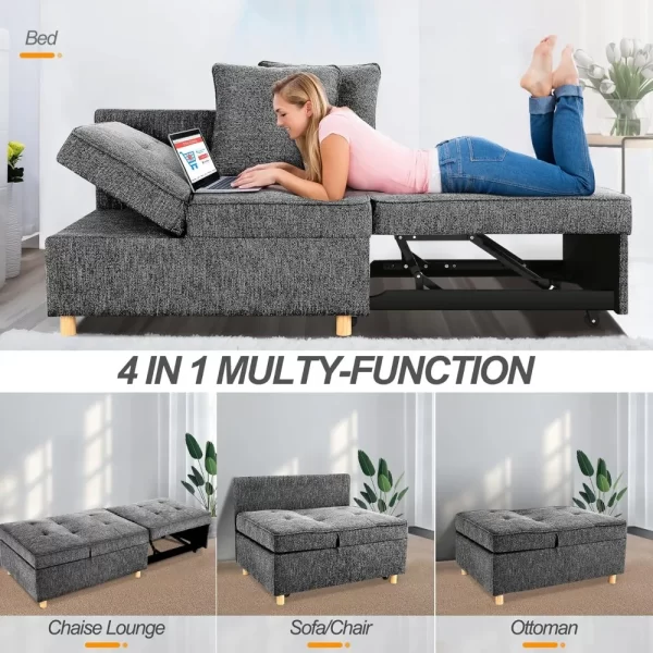 Sofa Bed 4-in-1 Convertible Sofas & Couches, 3-Seat Linen Fabric loveseat Sofa with 2 Throw Pillow - Image 3