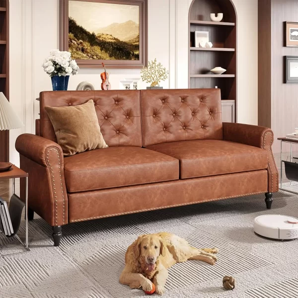 Brown Couch, 73-inch Sofa, Faux Leather Couches with Wooden Legs - Image 8