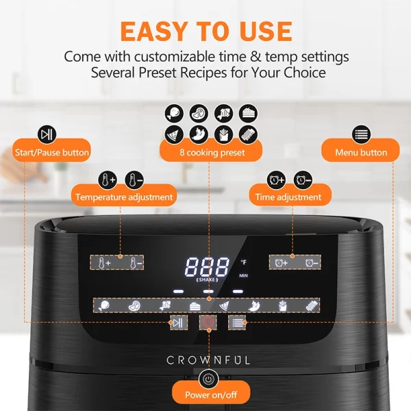 CROWNFUL Air Fryer 7L Touch-Screen Display Air Fryer Oven with 8 Cooking Programs Oilless Electric Cooker and Nonstick Basket - Image 3